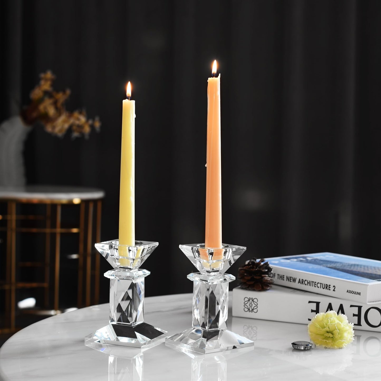 Marvala Crystal Candle Holders Set of 2, Double-Sided Design for Tea Lights & Taper Candles, Decorative Lighting Centerpiece for Home Decor, Wedding, Gift (Holiday, Birthday, Housewarming)