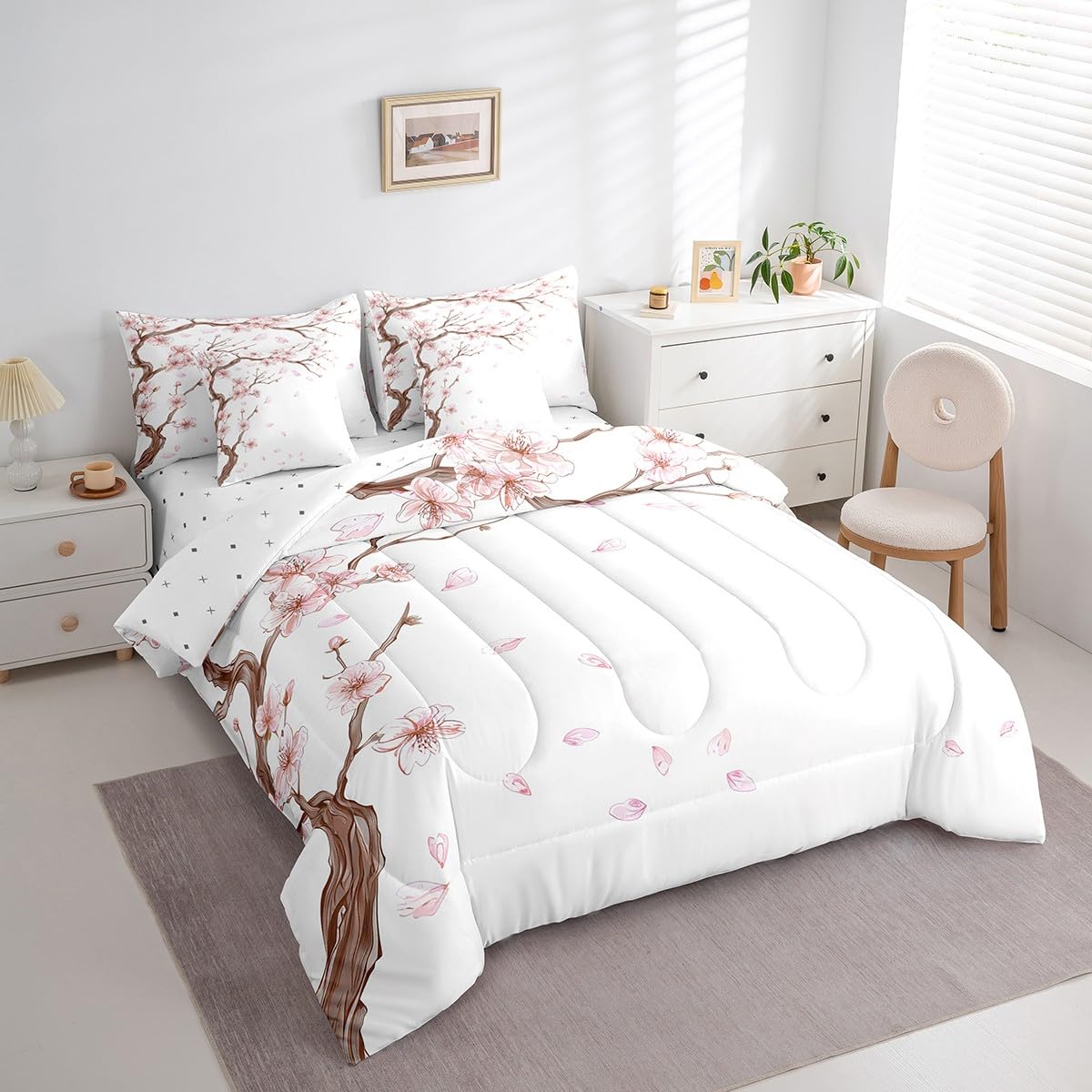 Erosebridal 7 Piece Pink Cherry Blossoms Bed in a Bag for Adult Women Girls Romantic Theme Sheet Set Nature Flowers Bedding with Comforter Japanese-Style Cushion Covers, Full Size