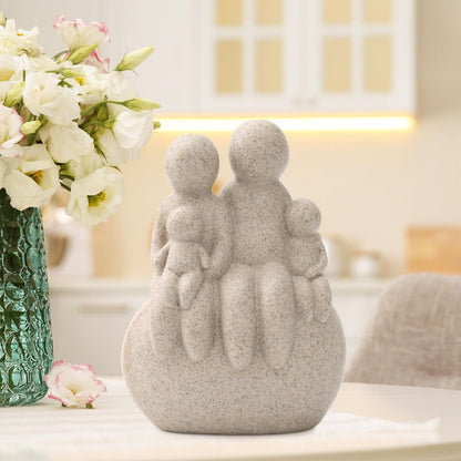 UDKKMK Family of Four Resin Statue, Parents and Kids Sitting on Rock Figurine, Home Decor for Shelf Table Office Bedroom, Gift for Mom Dad Or Wife (Sandstone)