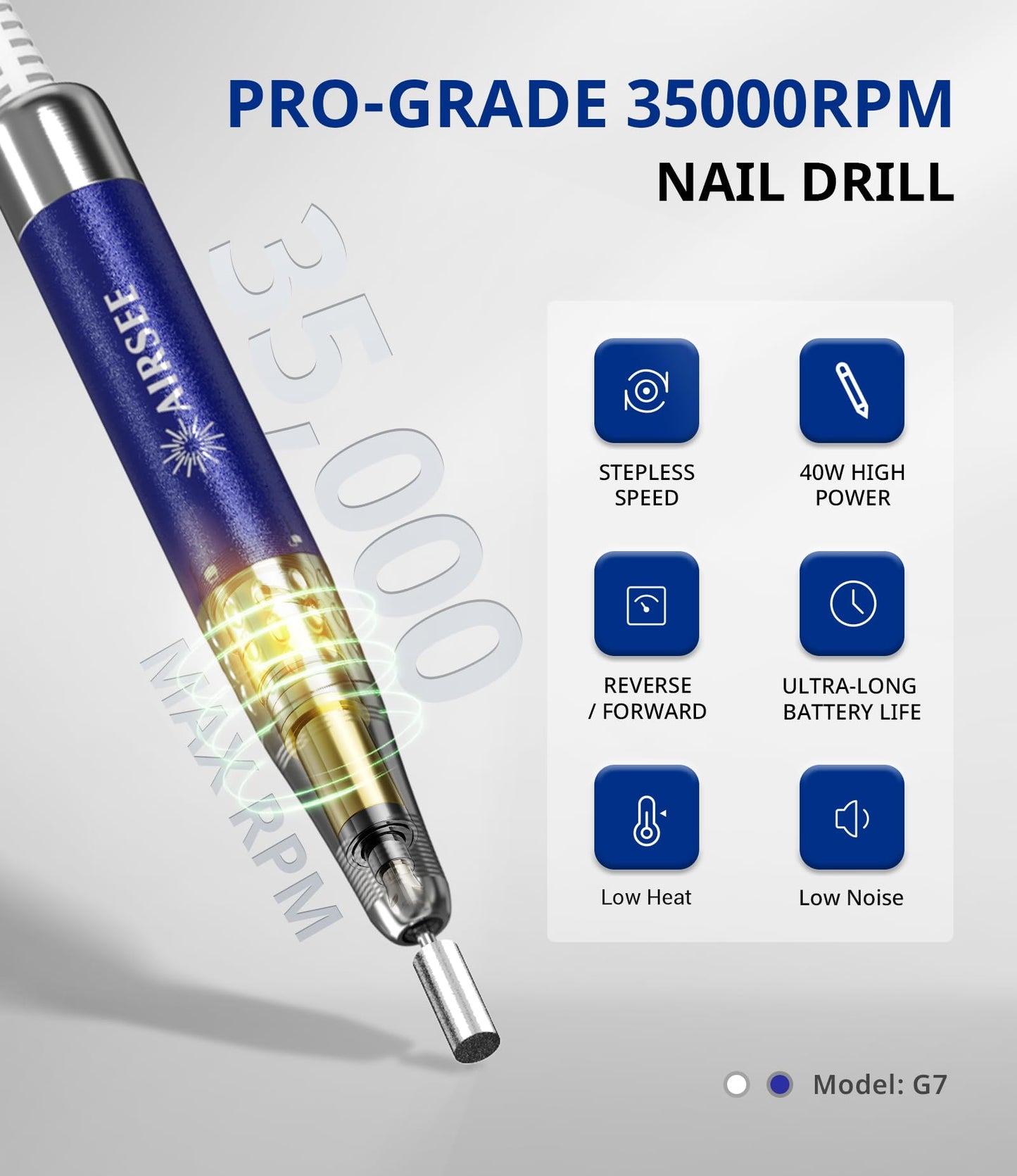 AIRSEE 35000 RPM Professional Electric Rechargeable Nail Drill File Machine for Acrylic Extension Gel Dip Powder Powerful Cordless Portable Efile 56 Sanding Bands 7 Bits LCD Scrn Salon Manicure Use G7