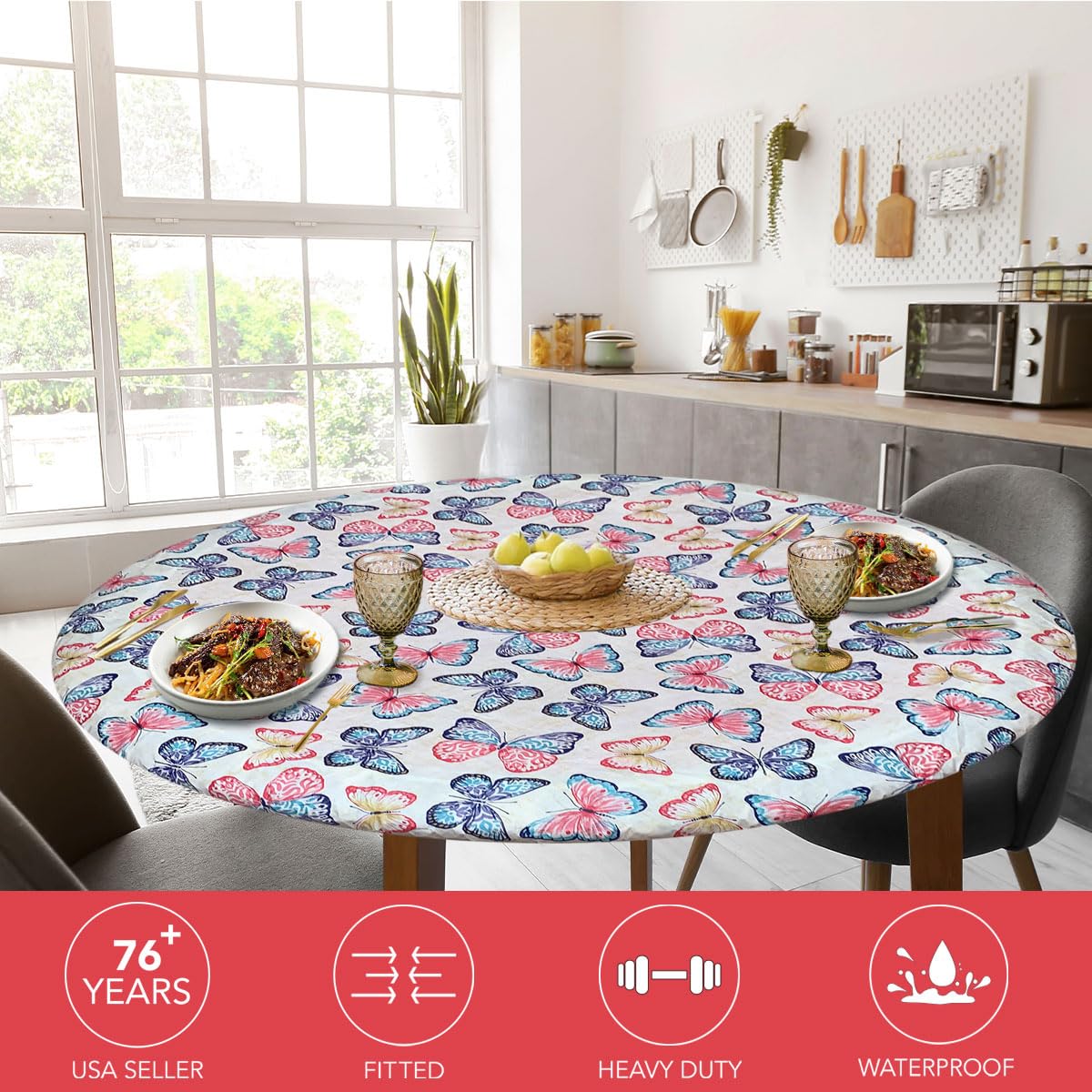 Covers For The Home Deluxe Elastic Edged Flannel Backed Vinyl Fitted Table Cover - Butterfly Pattern - Large Round Oblong Oval - Fits Tables up to 45" - 56" Diameter