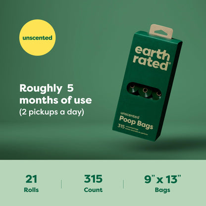 Earth Rated Dog Poo Bags, Guaranteed Leak Proof and Extra Thick Waste Bag Single Refill Rolls For Dogs, Unscented, 315 Count