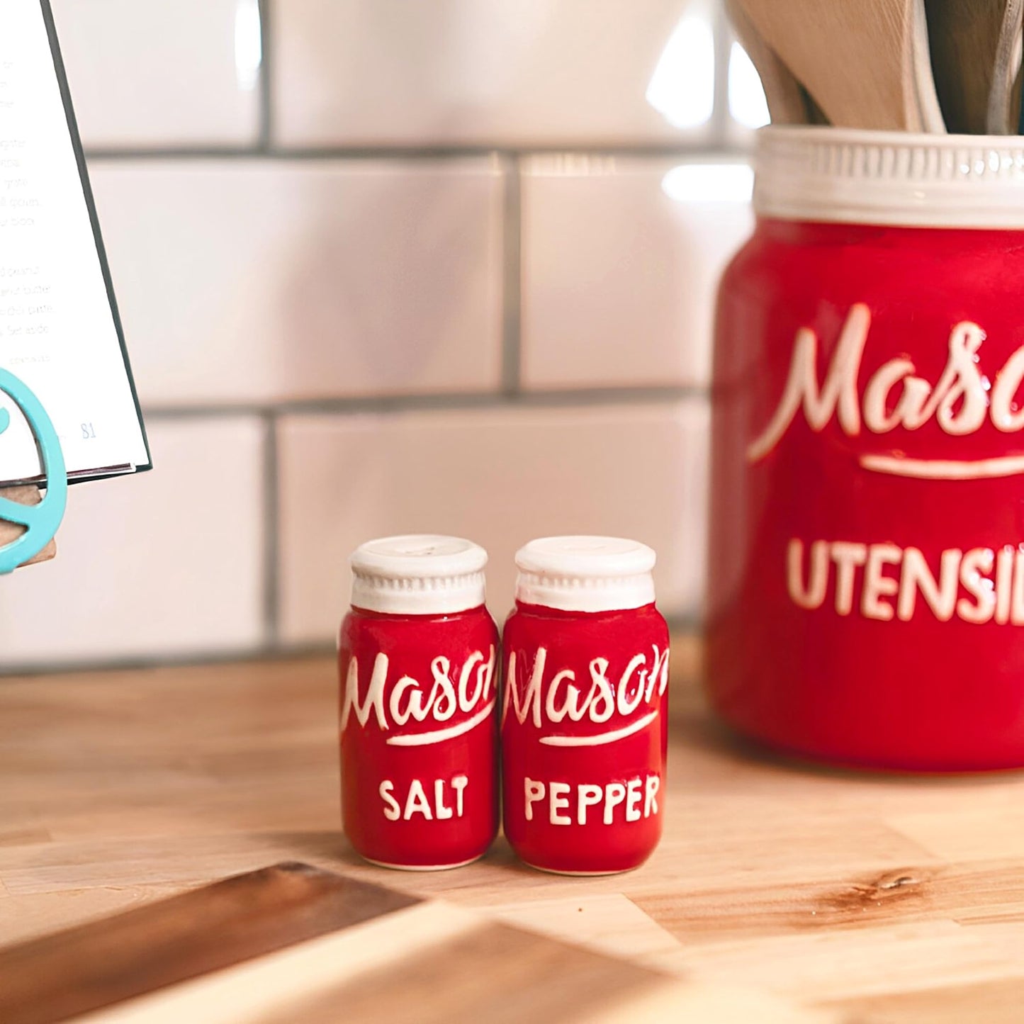 Farmhouse Canisters Sets for the Kitchen - Mason Jar Ceramic Kitchen Utensil Holder, Spoon Rest, Cute Cookie Jar, Salt & Pepper Shaker Sets, Sponge Holder, Measuring Cups & Spoons (Red, 17-Pc Bundle)