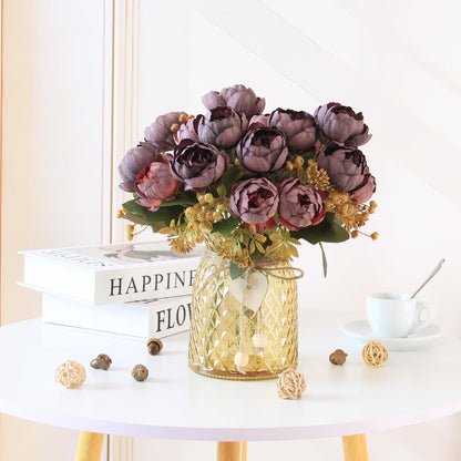 Leayiuvan Faux Flowers in Vase, Fake Flowers in Vase 21 Pcs Faux Peony Flowers, Artificial Flowers for Home Decor, Indoor Centerpiece for Living Room & Dining Table - Purple Red
