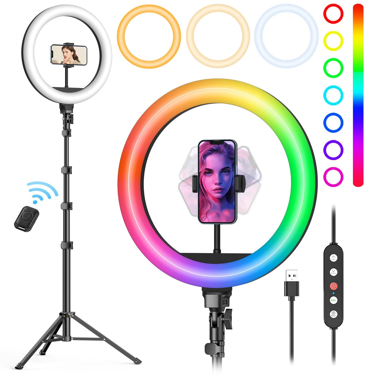 Weilisi 12'' Ring Light with Stand 72'' Tall & 2 Phone Holders,38 Color Modes Selfie Light with Tripod Stand, Big LED Ring Light for iPhone/Android/Camera,YouTube,Makeup