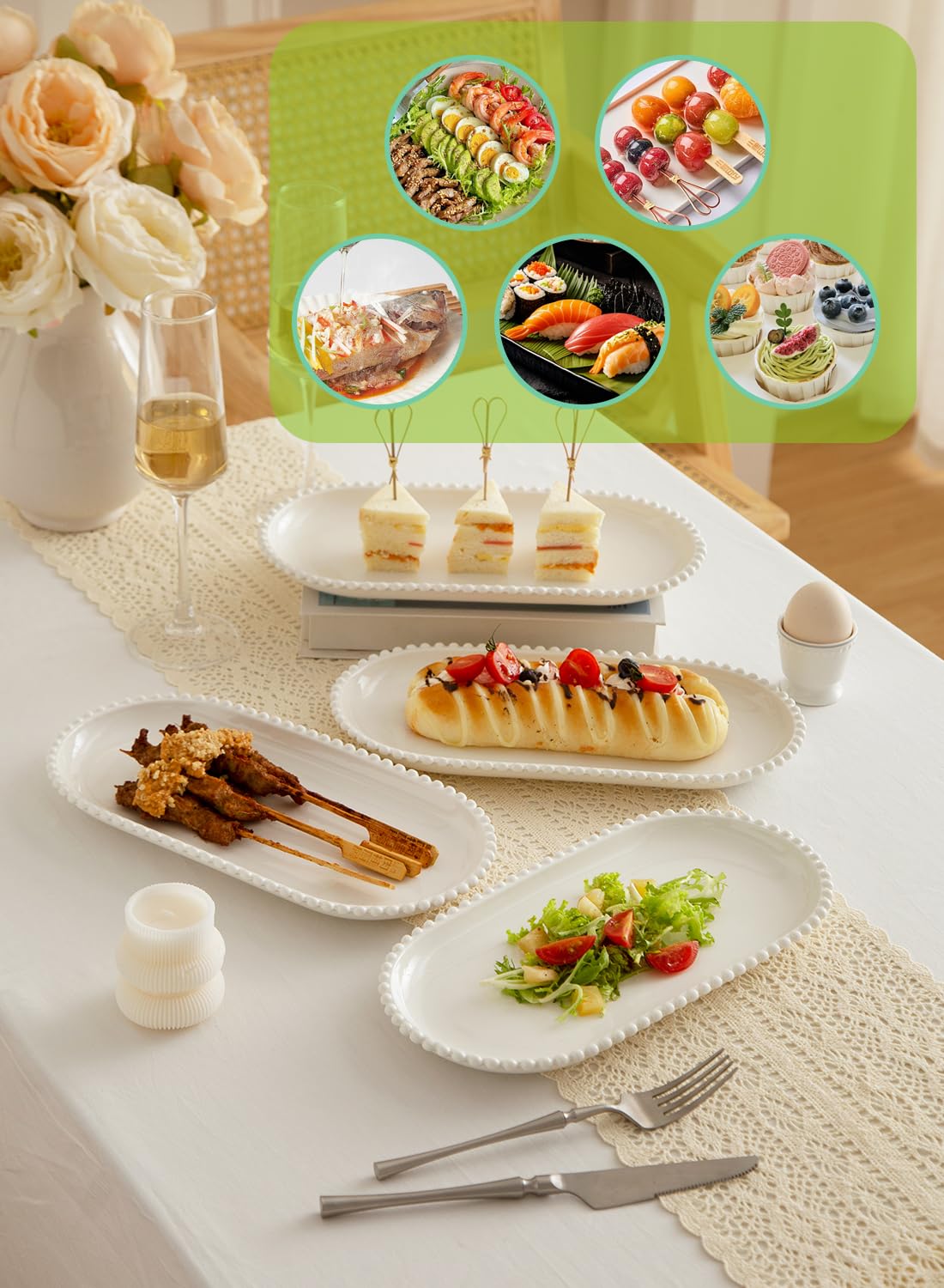TAMAYKIM 12 Inch Porcelain Serving Platters Set of 6 - White Ceramic Trays with Beaded Edge, Oval Serving Plate for Steak, Taco, Sushi, Appetizer, Cake - Dishwasher & Oven Safe