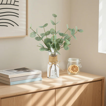 YIFYBY Artificial Eucalyptus Stems in Glass Vase with Faux Water, 15’’ Fake Plant Double-Sided Green Eucalyptus Leaves for Home Table Centerpiece Bathroom Farmhouse Decor(Green)