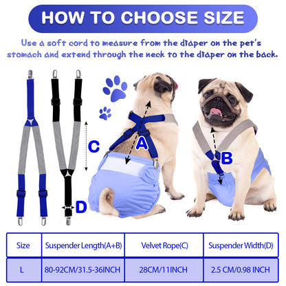 Saintrygo 2 Pcs Dog Suspenders for Diapers Female Male Belly Bands Canine Harness Keep Diaper on Your Pet for Small Medium and Large Dogs(Black, Blue,Large)