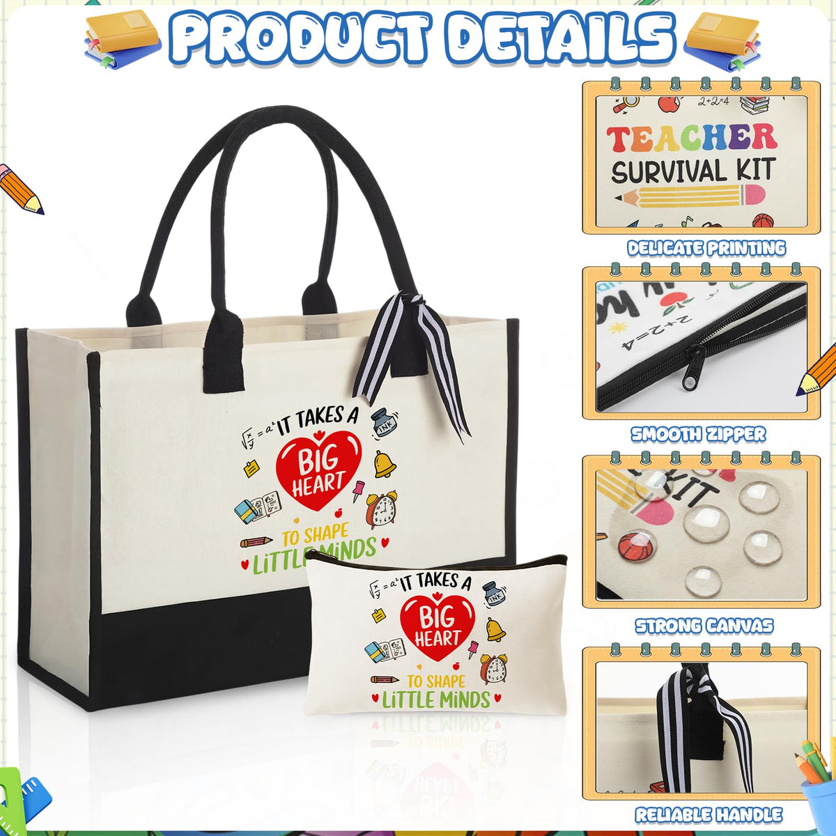 Capoda Teacher Appreciation Gifts for Women Bulk - 4 Set Large Canvas Teachers' Tote Bags with Makeup Bags Pouch Rainbow Inspirational Quotes, Thank You End of Year Daycare Teacher Staff Gifts Set