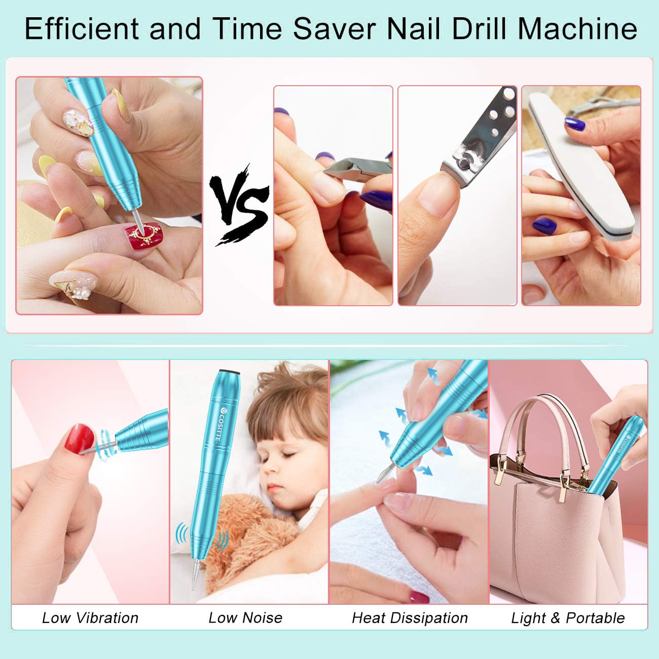 Electric Nail Drill,USB Electric Nail Drill Machine for Acrylic Nail Kit,Portable Electric Nail File Polishing Tool Manicure Pedicure Kit Efile Nail Supplies for Home Salon,Pink