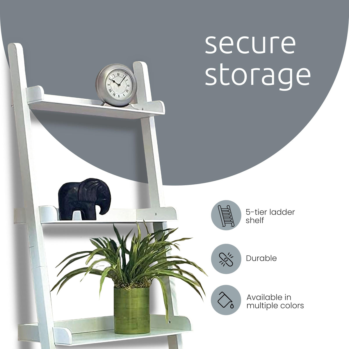 Kiera Grace Providence Hadfield 5 Tier Ladder Shelf, Leaning Bookshelf Storage Rack for Home, Office, 18" x 67", White