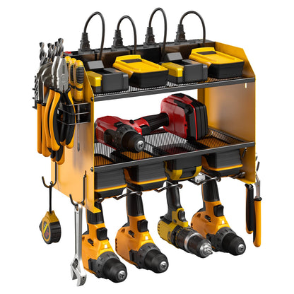 CCCEI Modular Power Tool Organizer Wall Mount with Charging Station. Garage Drill Storage Shelf with Hooks, Heavy Duty Rack, Tool Battery Holder Built in 8 Outlet. Gift for Men. Yellow, 1 Pack.