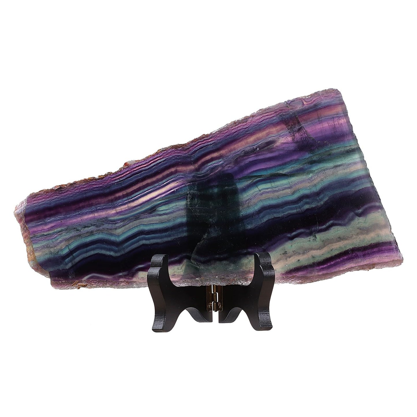 TUMBEELLUWA Irregular Rainbow Fluorite Slab Crystal Stone Collection for Desk Table Decor, Natural Crystal Mineral Specimen with Wooden Display Stand