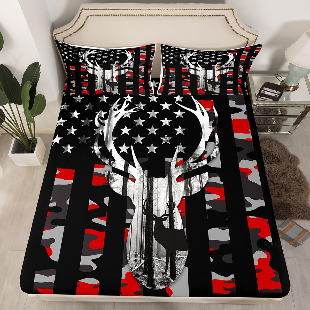 Camo American Flag Fitted Sheet Set Full Size 4 Pcs, Red Black Camo USA Flag Bedding Set(1 Fitted,1 Flat,2 Pillowcases), Deer Antlers and Trees Luxury Deep Pocket Bed Sheets for Girls Teen
