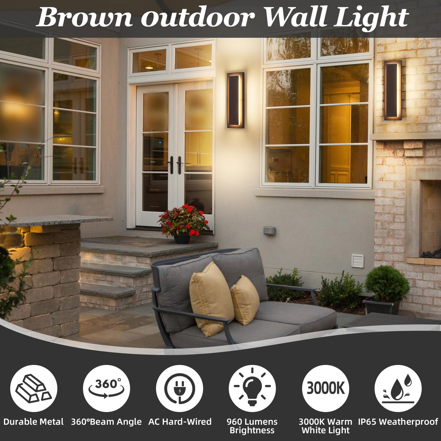 ZSMAIKU 1Pack Brown Outdoor Wall Sconce, Exterior Lights Fixture,Waterproof Wall Lights for House,Porch,Patio,Modern Outdoor Lights,Outdoor Wall Lighting,3000K Warm White,15.7In