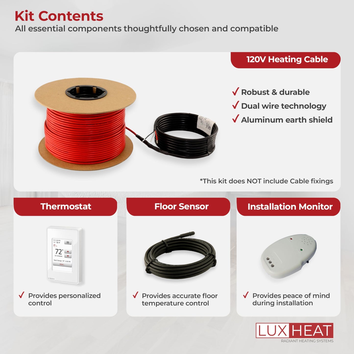 LuxHeat 110sqft Floor Heating Cable Kit - 120v Electric Radiant Heated Floor System - Heated Flooring System Includes UWG4 WiFi Programmable Thermostat w/GFCI, Heating Cable, Alarm & Flooring Sensor