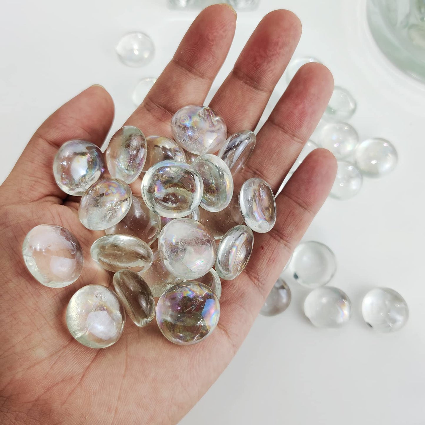 HappyFiller 5 LB 500 Pcs Clear Flat Marbles Glass Gems for Vase Filler Decorative Candle Holder Stones Fountain Rocks,Aquarium Fish Tank Pebbles,Fire Pit Glass Beads Fireplace Decor