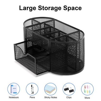 Comix Mesh Pen Pencil Holder Desk Organizer, 8 Compartment and 1 Drawer Wire Desktop Pen Pencil Cup Caddy Office Supplies Accessories for Home Office School, Black