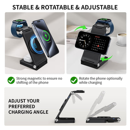 RYND 2026 Traveling Wireless Mag-Safe Fast Charging Station,Magnetic 3 in 1 Charger with Light for iPhone 16 15 14 13 12 Pro Max Plus,Apple Watch Series & Air pods 4 3 2 Pro-Gifts for Wife & Husband