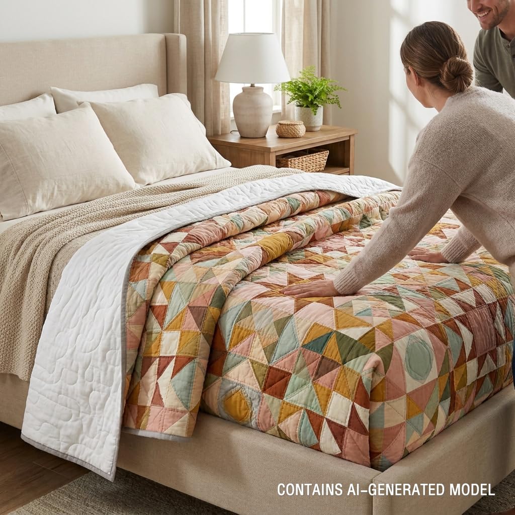Quilt Set Rustic Geometric Star Patchwork Bedspread for Farmhouse Bedroom Decor, Soft Lightweight Microfiber Coverlet with Matching Shams, Easy Care Machine Washable, Full/Queen