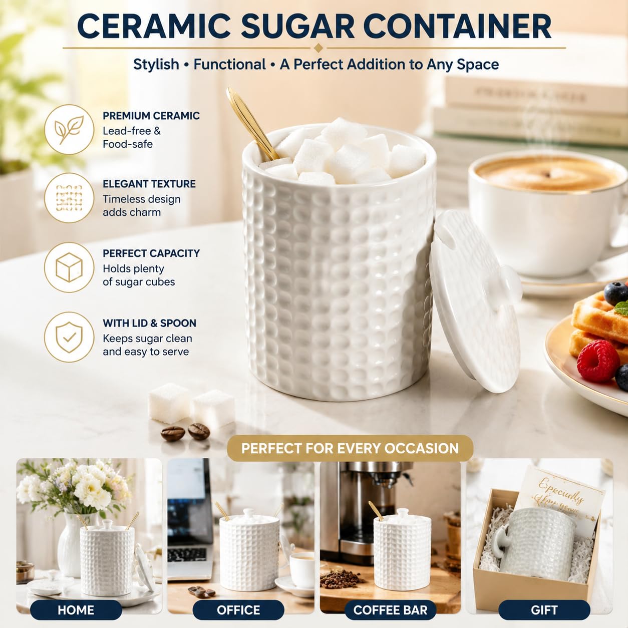 Seworlan Ceramic Sugar Bowl with Lid and Gold Spoon, 16 oz Large Sugar Container for Coffee Bar, Modern Farmhouse Decorative Sugar Holder for Salt, Spice & Seasonings, Dishwasher Safe, White