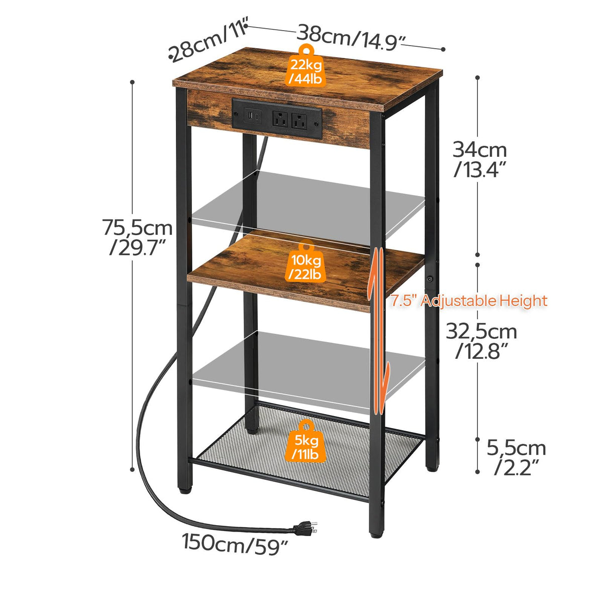 HOOBRO Tall End Table with Charging Station, 30 Inch Slim Tall Nightstand, 3-Tier Narrow Side Table with Adjustable Shelf, for Living Room, Bedroom, Small Space, Hallway, Rustic Brown BF09UDH01G1
