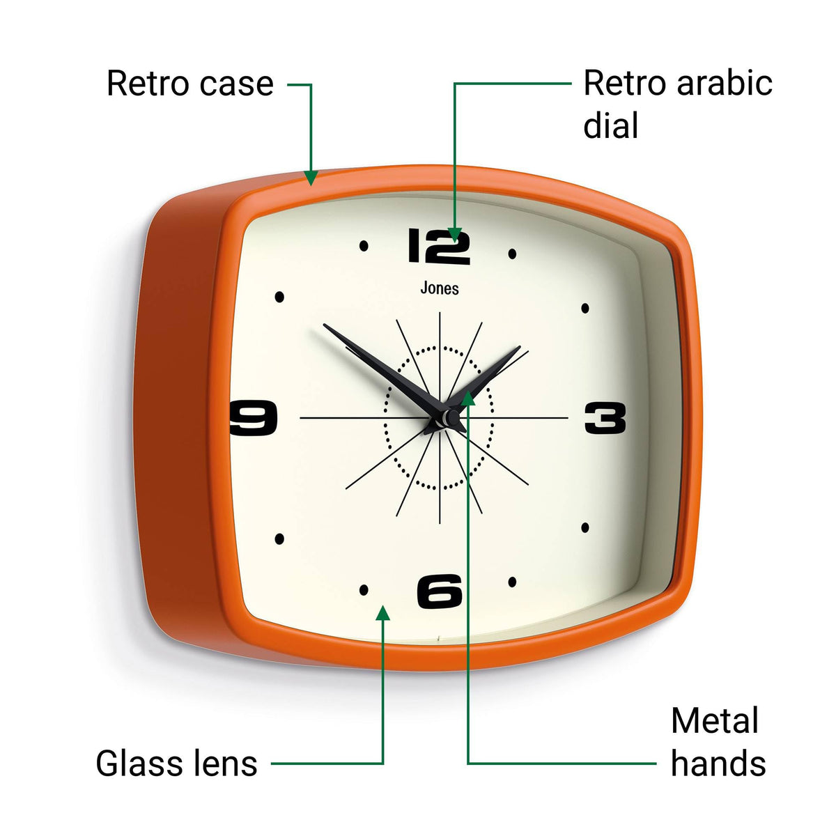 JONES CLOCKS® Movie wall Clock | Retro Rectangular Clock | 10 inch | Orange | Cool mid-Century Designer Look for Kitchen, Living Room or Office