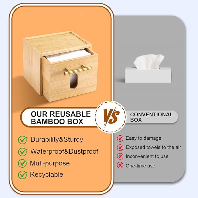 Face Towels Holder with 60 XL Towels, Disposable Towelettes Bamboo Box Cotton