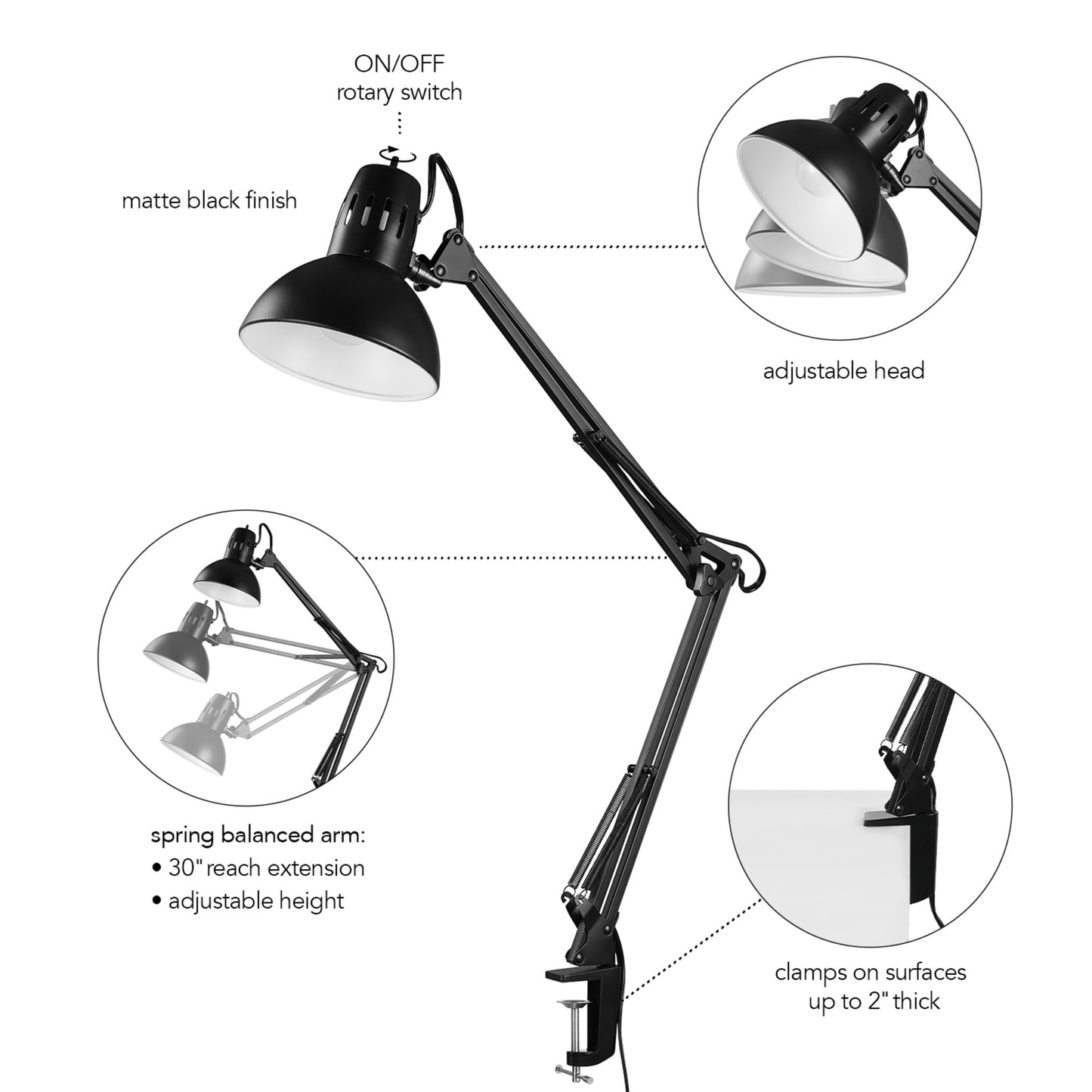 Globe Electric 56963 31.5" Multi-Joint Desk Lamp with Metal Clamp, Black, On/Off Rotary Switch on Shade, Partially Adjustable Swing Arm, Home Essentials, Reading Light, Office Décor