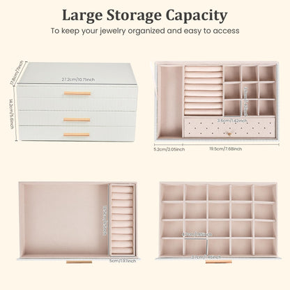 Dajasan Jewelry Box Organizer, 3-Tier Large Jewelry Storage Organizer with 2 Drawers, Space-Saving Jewelry Boxes for Women, PU Leather Surface with Texture, Gift Idea, Modern Style (White)