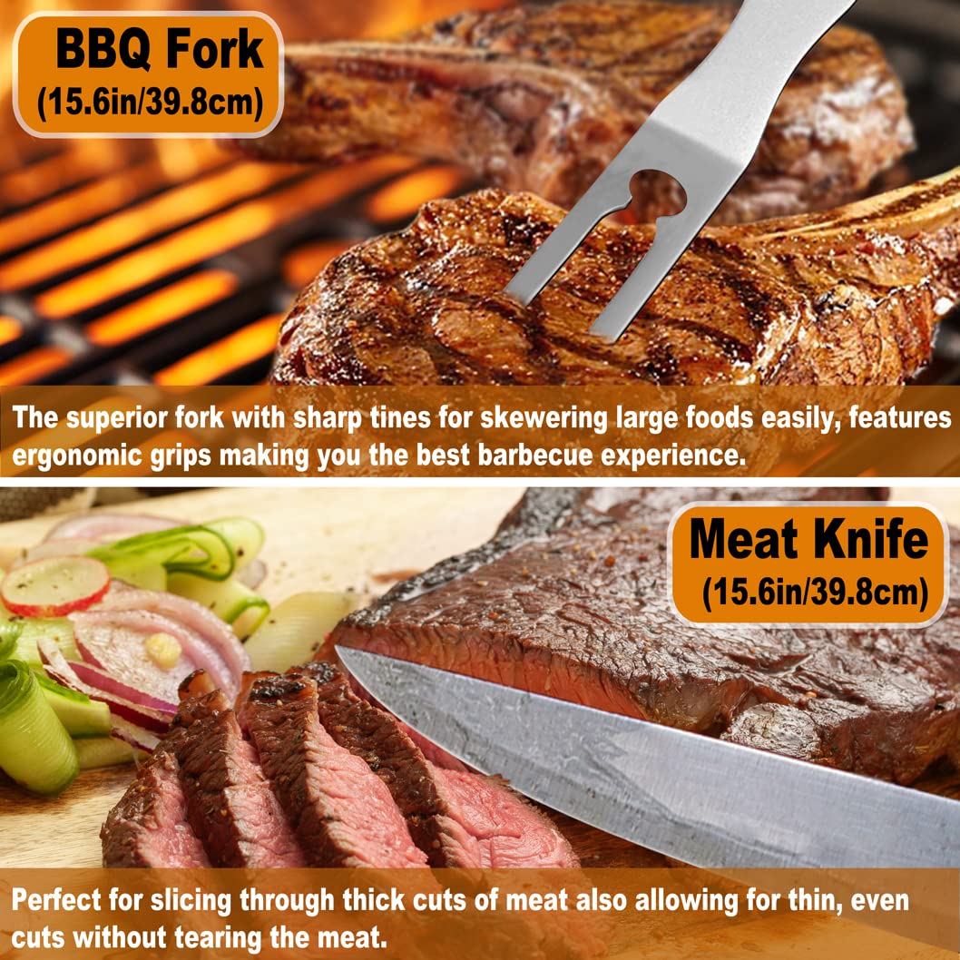 POLIGO 28Pcs Grilling Accessories in Bag with Meat Injector, Barbecue Claws, Mats, Thermometer for Smoker, Camping BBQ Grill Utensil Set Dad Gift for Fathers Day Birthday Grilling Gifts for Men Silver