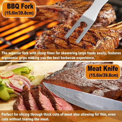 POLIGO 28Pcs Grilling Accessories in Bag with Meat Injector, Barbecue Claws, Mats, Thermometer for Smoker, Camping BBQ Grill Utensil Set Dad Gift for Fathers Day Birthday Grilling Gifts for Men Silver
