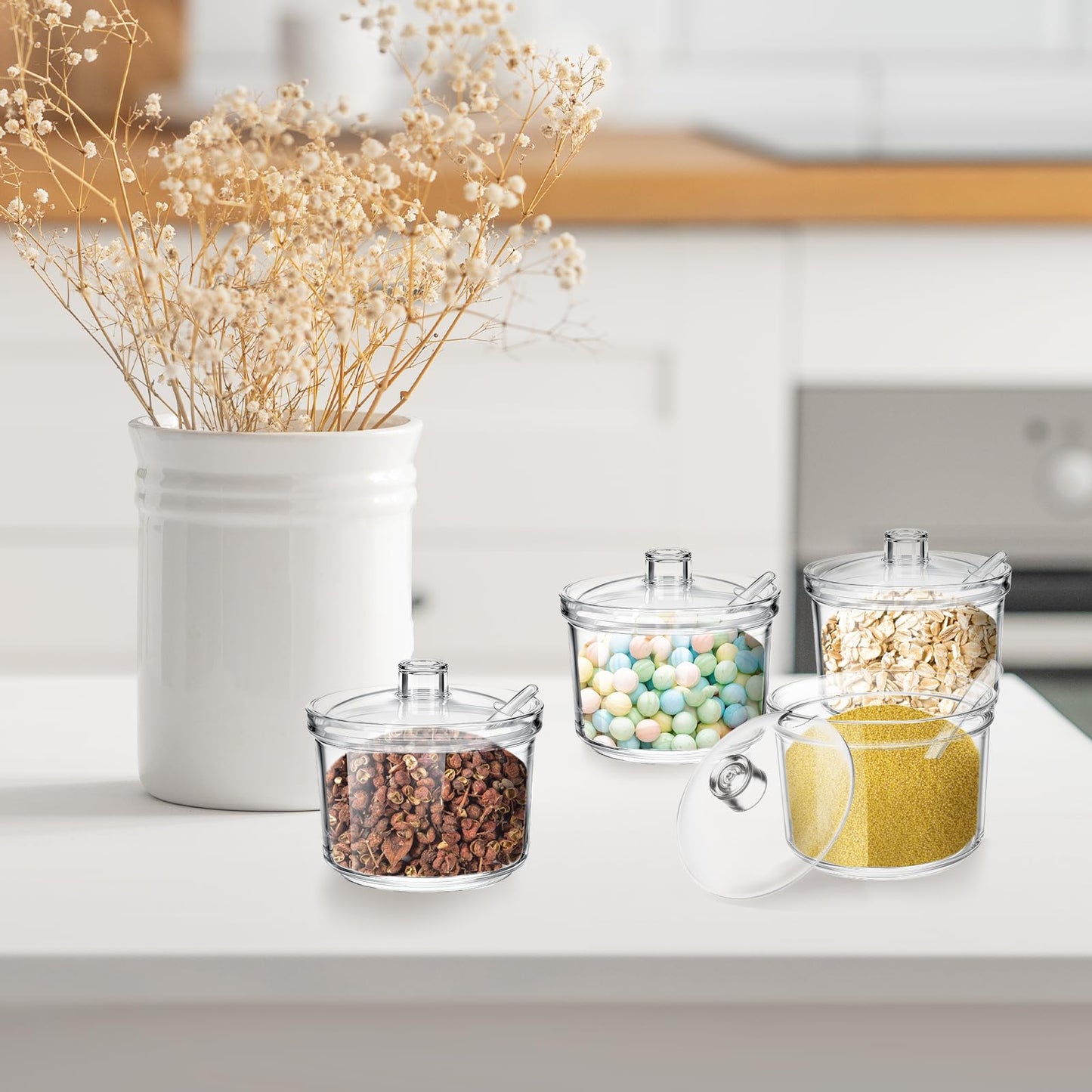 Ptwola 12 Pcs Clear Acrylic Sugar Bowl Set Sugar Containers Salt Canister with Lid and Spoon Perfect for Serving Condiment Candy Coffee Tea Spices (7.4 oz)