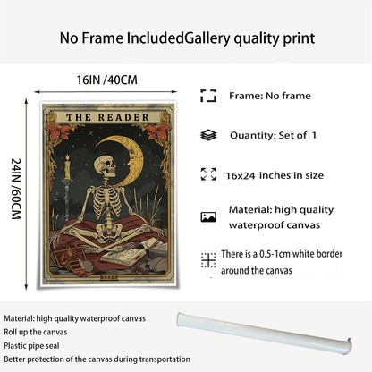 Tarot card wall art Skeleton Reader Tarot Picture Decor Library Reading Room School Decor Book Lover Witchy Gothic Halloween Canvas Paintings Gifts for Readers Book Lovers Gifts 16x24inch Unframed