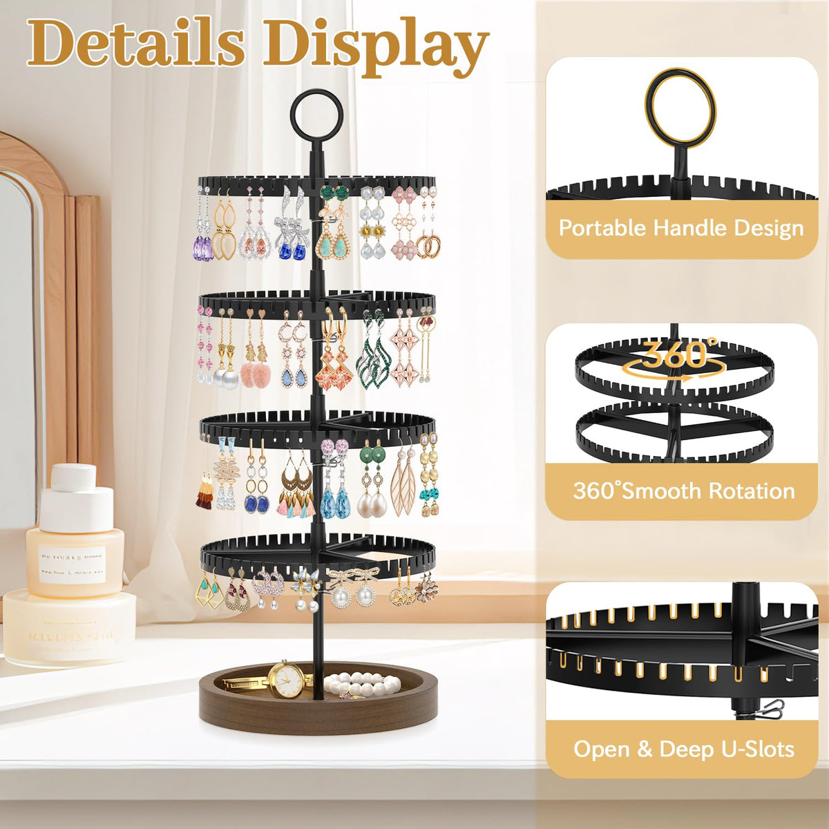 MODOWEY 4 Tier Rotating Earring Holder Organizer Display Tree with Wooden Tray, Adjustable Plastic Stand with 228 Slots for Stud Hoop Hanger, Large Capacity Storage Rack for Women Space Saving, Black