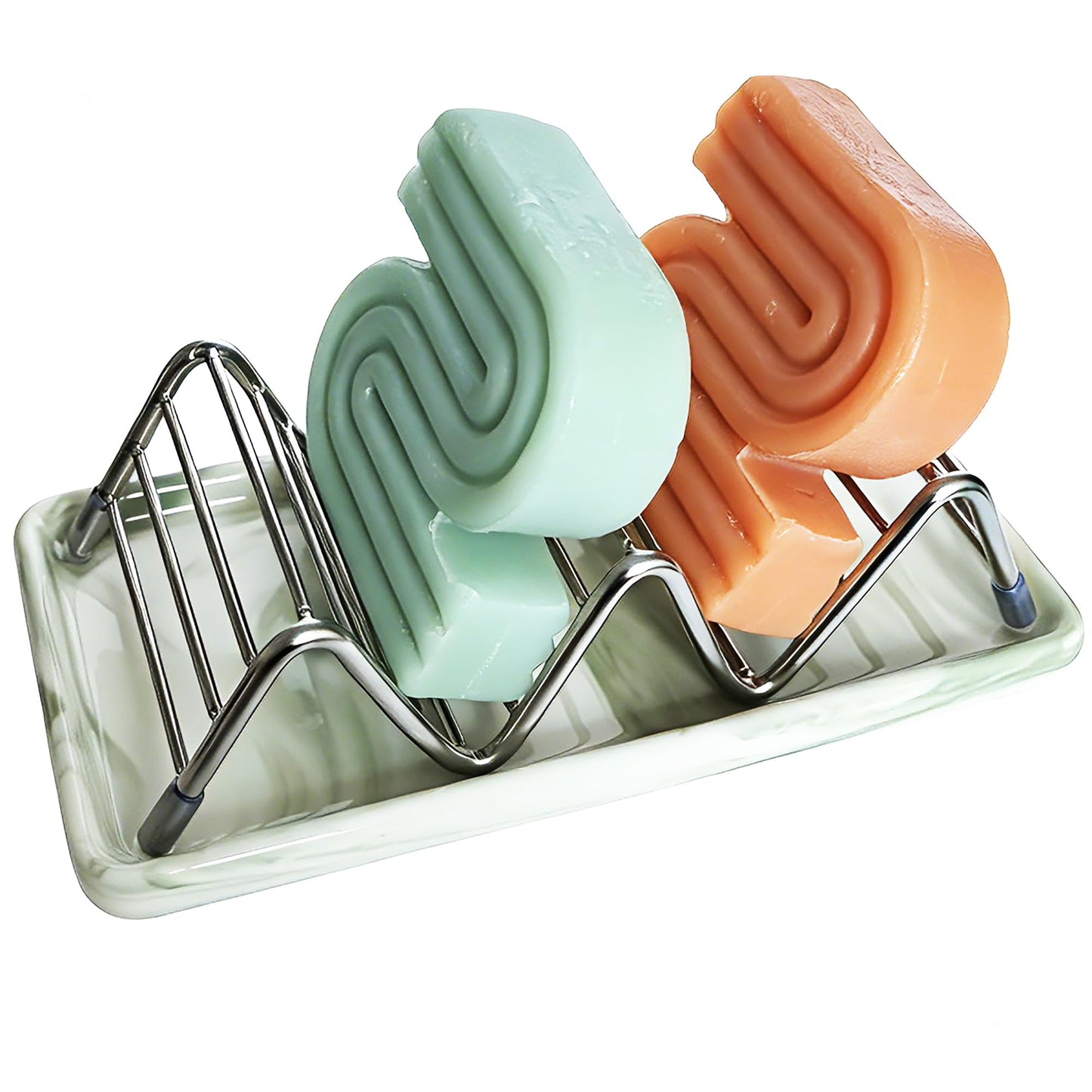Lofekea Soap Dish, Stainless Steel Self Draining Shower Bar Soap Holder with Ceramic Dish Tray, W Style Soap Saver for Bathroom, Sink, Kitchen and Countertop(Green Texture)