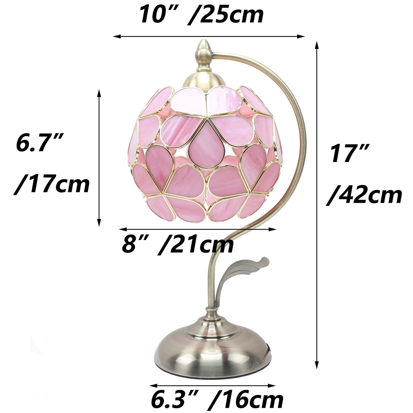 Bieye L10836 Tiffany Style Stained Glass Flower Petal Table Lamp with Brass Base for Home Décor (Pink, 8“ Flower Ball)