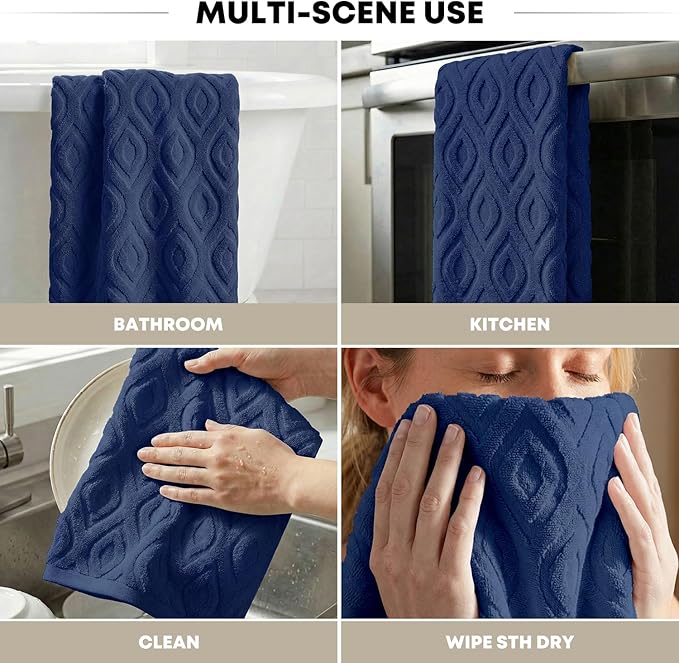 Artoid Mode 2 Pcs Navy Blue 3D Diamond Grid Jacquard Hand Towels
