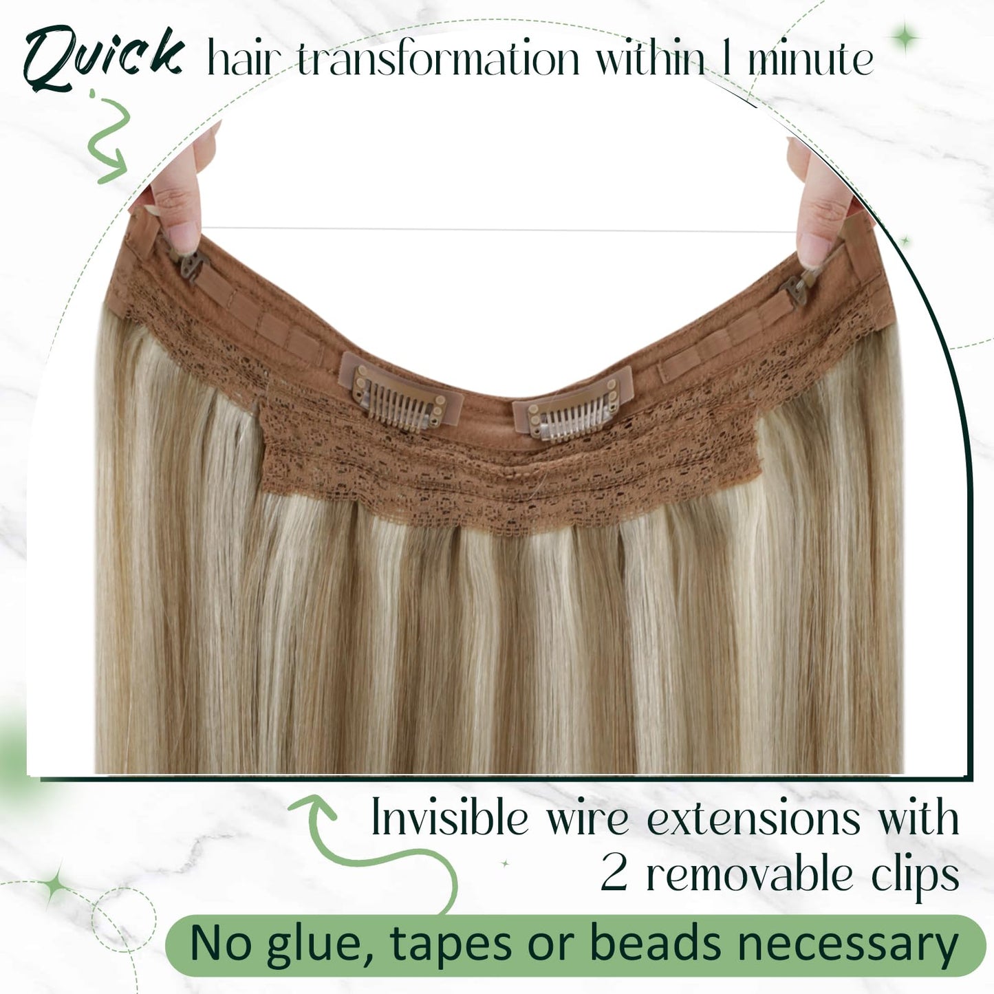 RUNATURE Blonde Secret Wire Hair Exensions Blonde Highlight Brown One Piece Hair Extensions Human Hair Wire in Extensions Straight 14 Inch 70g