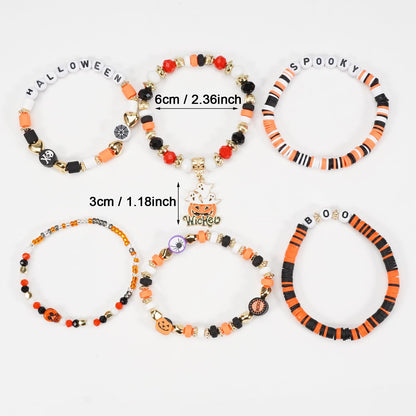 Twinfree 4 Sets Halloween Stretch Bracelets for Women, Pumpkin Ghost Cat Bat Design Beaded Bracelet