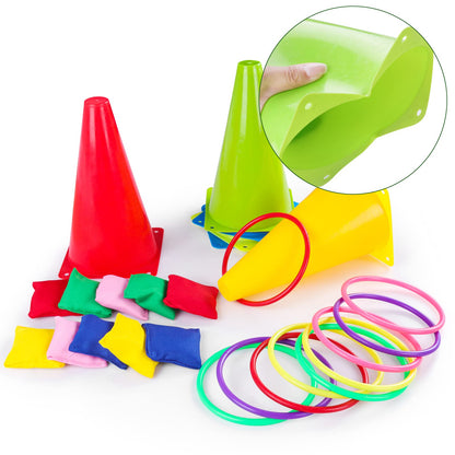 Waenerec 36PCS Carnival Games Combo Set 4 in 1 Bean Bag Toss Can Games Plastic Cone Ring Toss Game for Indoor Outdoor School Field Day Birthday Party Yard Game for Kids Adults