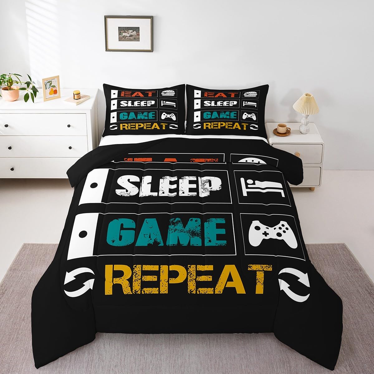 Boys Gaming Comforter Sets for Kids Twin Size Gamer Bedding Set Teens Video Games Comforter Duvet Room Decor Funny Creative Eat Sleep Game Repeat Design Reversible Inner Fill Quilt Set All Season