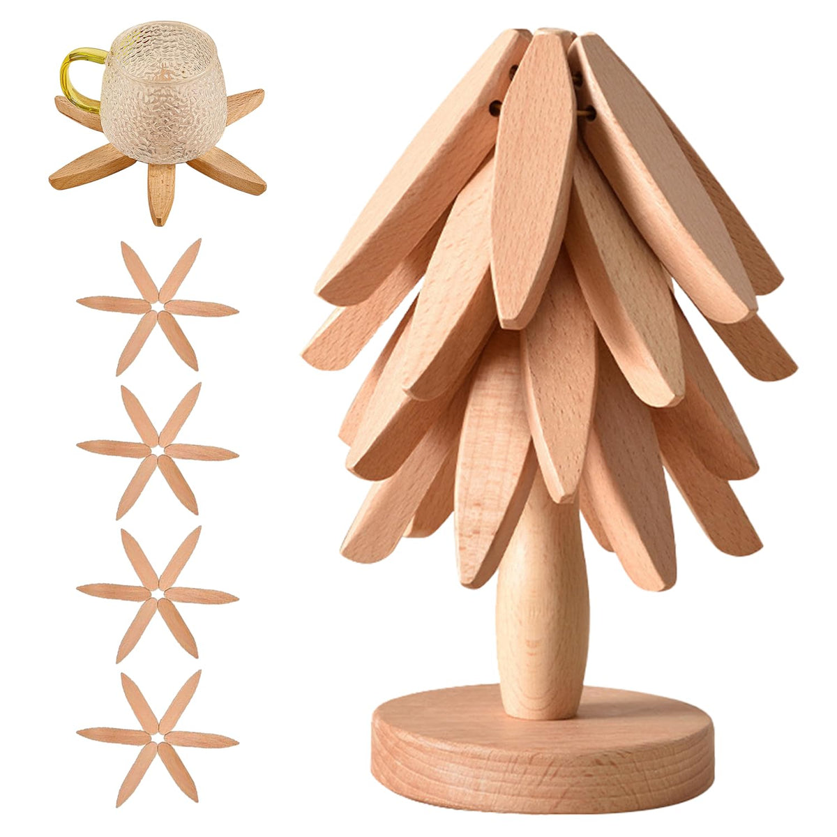 Wooden Trivets for Hot Dishes, Tree Shape Trivet Set, 4 Walnut Wood + 1 Stand stored Like a Christmas Tree,Foldable Kitchen Wooden Trivet,for Hot Dishes、Pot、Bowl、Teapot、Hot Pot Holder(Beech Wood)