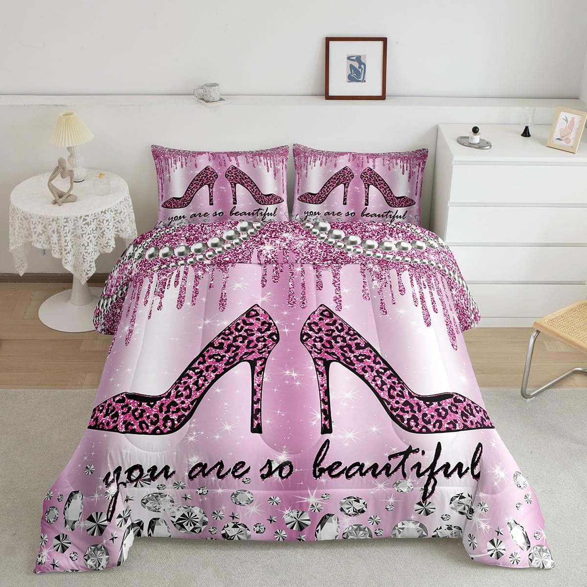 Purple Leopard Glitter Comforter Set Kids Girls Diamond Starry Galaxy Bedding Set Queen Size Sparkling Jewelry Quilt Set for Youth Women Bedroom Decor Modern Romantic High Heels Duvet Insert 3pcs