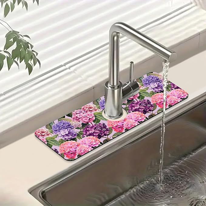 Colorful Hydrangea Sink Splash Guard Faucet Mat Purple Pink Hydrangea Super