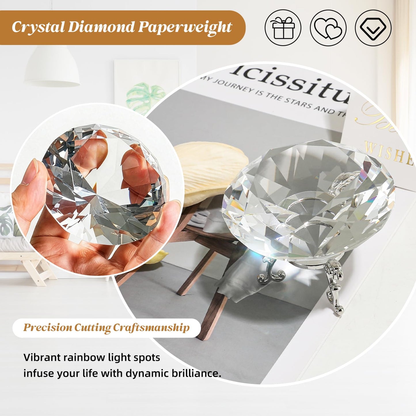 MysticGlitz Large Clear Crystal Diamond Paperweight with Silver Metal Stand, 3.15 Inch Faceted Glass Gemstone for Wedding Centerpiece Home Decor Table Decoration Fake Diamond Prism