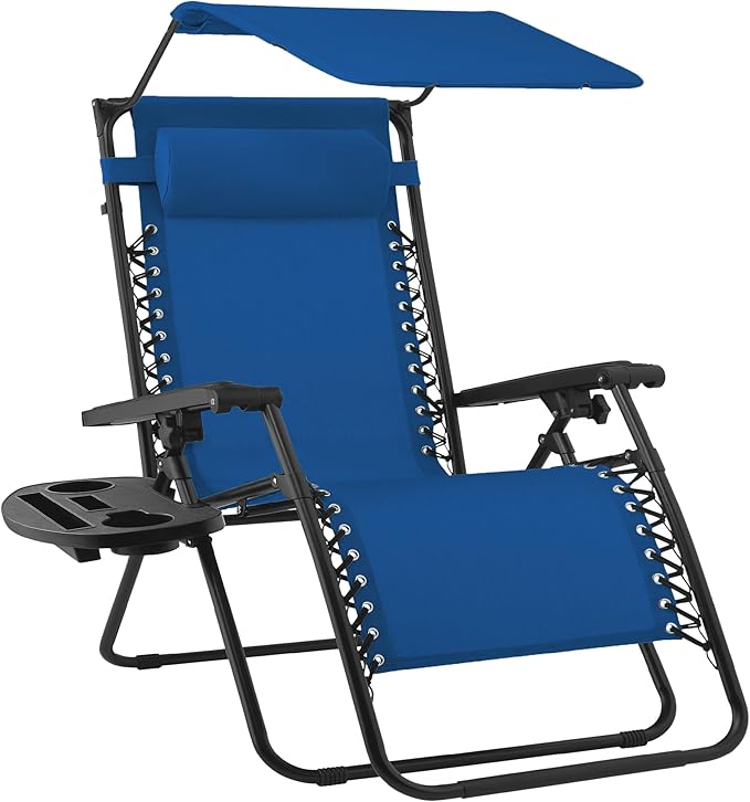 Best Choice Products Folding Zero Gravity Outdoor Recliner Patio Lounge Chair w/Adjustable Canopy Shade, Headrest, Side Accessory Tray, Textilene Mesh - Marine Blue