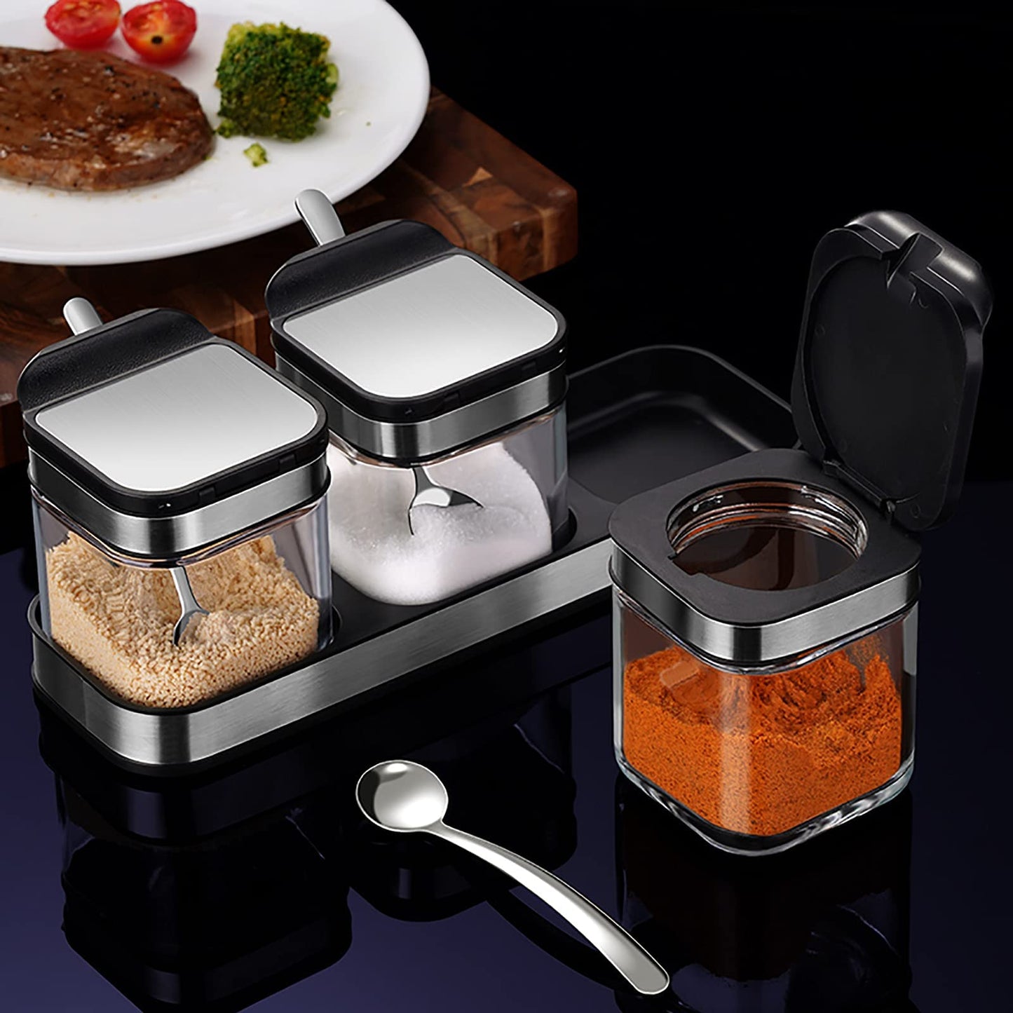 SvaTao Condiment Jar Spice Container with 304 Stainless Steel Lids and Spoons,Clear Glass Condiment Canisters Pots Seasoning Box Salt Container Sugar Bowl Set of 3 for Kitchen, Counter, Food Storage
