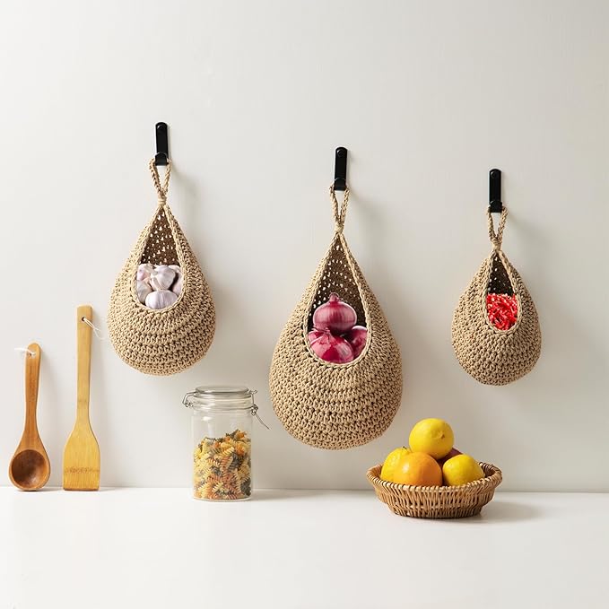 Hanging Fruit Basket Set of 3, Boho Wall Hanging Storage Jute Basket