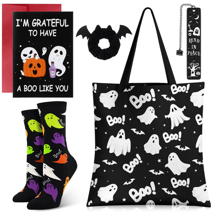 Paterr 5 Pcs Halloween Boo Basket Gift Set Spooky Tote Bag Cute Bookmarks Ghost Socks Bat Scrunchy Greeting Card Boo Basket Stuffer for Women